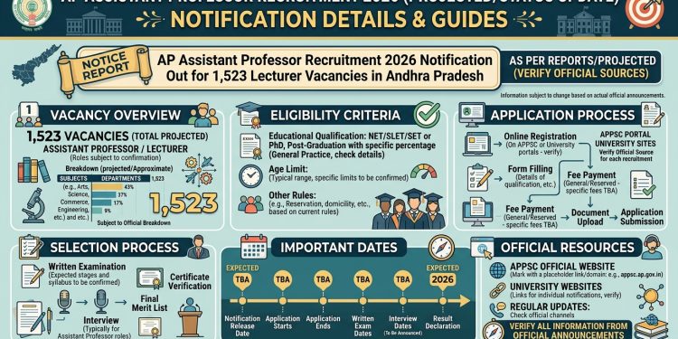 The Andhra Pradesh Public Service Commission has released the recruitment notification for 1,523 Assistant Professor posts in various government degree colleges across the state. The APPSC Assistant Professor 2026 online application process is now active, and eligible candidates can apply through the official APPSC portal. The recruitment covers vacancies across multiple subjects, including English, Telugu, Hindi, Mathematics, Physics, Chemistry, Botany, Zoology, Commerce, Economics, Political Science, History, and other disciplines. Candidates must hold a postgraduate degree in the relevant subject along with NET or SLET qualification as per UGC norms. The age limit and reservation norms are as per Andhra Pradesh state government rules. The selection process will include a written examination or screening test followed by a verification of certificates. This is a major recruitment drive for teaching aspirants in Andhra Pradesh. Candidates who have cleared UGC NET, AP SLET, or hold a PhD in their subject should apply before the last date mentioned in the official notification. Important Update: APPSC Assistant Professor recruitment 2026 notification out for 1,523 posts. Applications are open online. Candidates need PG degree + NET/SLET.