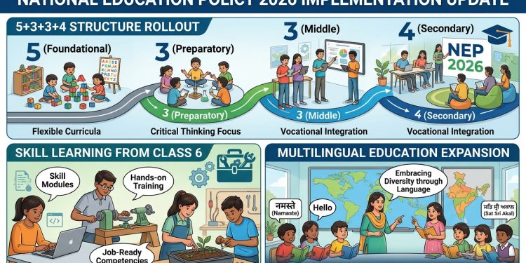 NEP 2026 Implementation Update 5+3+3+4 Structure Rollout, Skill Learning from Class 6, Multilingual Education Expansion